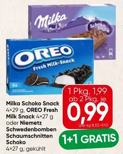 Spar Milka Schoko Snack, OREO Fresh Milk Snack oder Niemetz Schwedenbomben Schaumschnitten Schoko Angebot