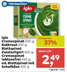 ADEG iglo Cremespinat , Rotkraut, Zwutschgerl, Cremespinat laktosefrei ,od. Blattspinat mit Schafkäse Angebot