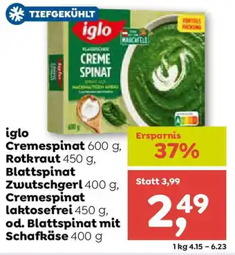 ADEG iglo Cremespinat , Rotkraut, Zwutschgerl, Cremespinat laktosefrei ,od. Blattspinat mit Schafkäse Angebot