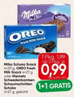 Spar Milka Schoko Snack, OREO Fresh Milk-Snack oder Niemetz Schwedenbomben Schaumschnitten Schoko Angebot