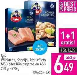 Sutterlüty Iglo Wildlachs, Kabeljau Naturfilets MSC oder Königsgarnelen ASC Angebot
