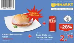 Unimarkt Leberkäsesemmerl warm + Coca-Cola oder Coca-Cola Zero Angebot