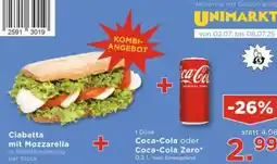 Unimarkt Ciabatta mit Mozzarella + Coca-Cola oder Coca-Cola Zero Angebot