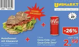 Unimarkt Mohnflesserl mit Käsewurst + Coca-Cola oder Coca-Cola Zero Angebot