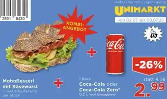 Unimarkt Mohnflesserl mit Käsewurst + Coca-Cola oder Coca-Cola Zero Angebot