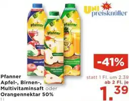 Unimarkt Pfanner Apfel-, Birnen-, Multivitaminsaft oder Orangennektar 50% Angebot