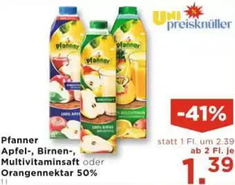 Unimarkt Pfanner Apfel-, Birnen-, Multivitaminsaft oder Orangennektar 50% Angebot