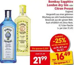 Interspar Bombay Sapphire London dry Gin oder Citron Sie sparen Pressé Angebot