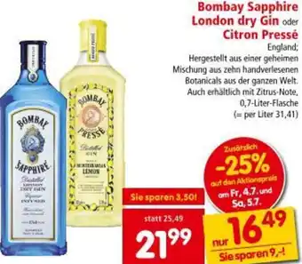 Interspar Bombay Sapphire London dry Gin oder Citron Sie sparen Pressé Angebot