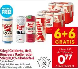 Interspar Stiegl Goldbräu, Hell, Himbeere Radler oder Stiegl 0,0% alkoholfrei Angebot