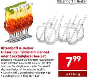 Interspar Ritzenhoff & Breker Gläser inkl. Trinkhalm 8er-Set oder Cocktailgläser 6er-Set Angebot