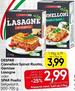 Spar Cannelloni Spinat Ricotta, Gemüse Lasagne oder SPAR Paella Angebot