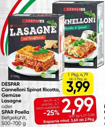 Spar Cannelloni Spinat Ricotta, Gemüse Lasagne oder SPAR Paella Angebot