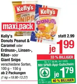 Maximarkt Kelly's Donuts Peanut & Caramel oder Erdnuss-, Linsen-, Käse- oder Giant Snips Angebot