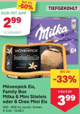 MPreis Mövenpick Eis, Family Box Milka Mini Stieleis oder Oreo Mini Eis Angebot