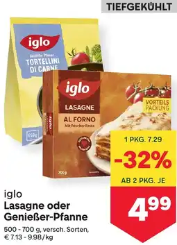 MPreis iglo Lasagne oder Genießer-Pfanne Angebot