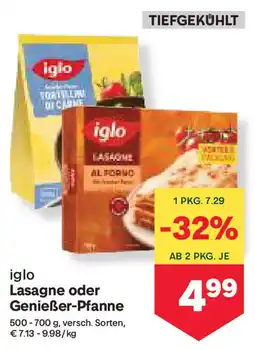 MPreis Iglo Lasagne oder Genießer Pfanne Angebot