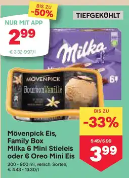 MPreis Mövenpick Eis, Family Box Milka 6 Mini Stieleis oder 6 Oreo Mini Eis Angebot