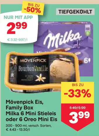 MPreis Mövenpick Eis, Family Box Milka 6 Mini Stieleis oder 6 Oreo Mini Eis Angebot