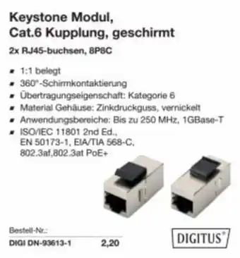 Reichelt Keystone Modul, Cat.6 Kupplung, geschirmt Angebot