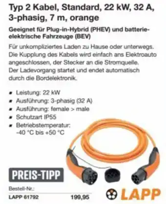 Reichelt Typ 2 kabel, standard, 22 kw, 32 a, 3-phasig, 7 m, orange Angebot