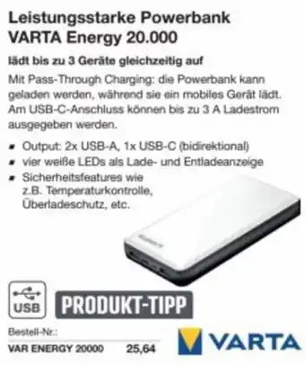 Reichelt Leistungsstarke powerbank varta energy 20.000 Angebot