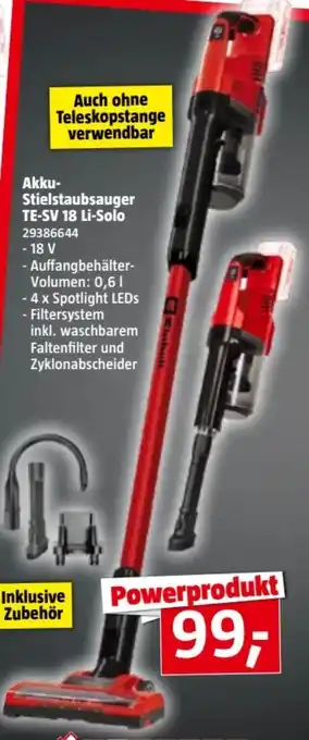 Bauhaus Einhell Akku-Stielstaubsauger TE-SV 18 Li Solo Angebot