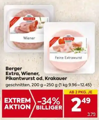 Billa Berger Extra, Wiener, Pikantwurst od. Krakauer Angebot