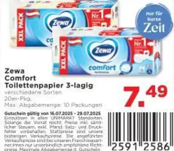 Unimarkt Zewa comfort Toilettenpapier 3-lagig Angebot