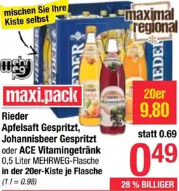 Maximarkt Rieder Apfelsaft Gespritzt, Johannisbeer Gespritzt oder ACE Vitamingetränk Angebot
