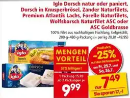 Interspar Iglo Dorsch natur oder paniert, Dorsch in Knusperbrösel, Zander Naturfilets, Premium Atlantik Lachs, Forelle Naturfilets Angebot