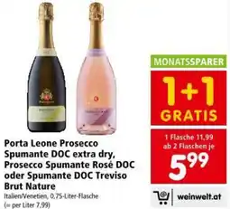 Interspar Porta Leone Prosecco Spumante DOC extra dry, Prosecco Spumante Rosé DOC oder Spumante DOC Treviso Brut Nature Angebot