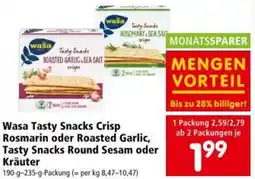 Interspar Wasa Tasty Snacks Crisp Rosmarin oder Roasted Garlic, Tasty Snacks Round Sesam oder Kräuter Angebot