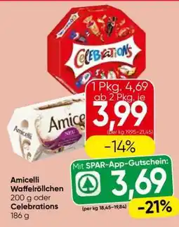 Spar Amicelli Waffelröllchen 200 g oder Celebrations 186 g Angebot