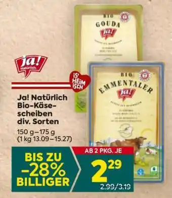 Billa Ja! Natürlich Bio-Käsescheiben div. Sorten Angebot