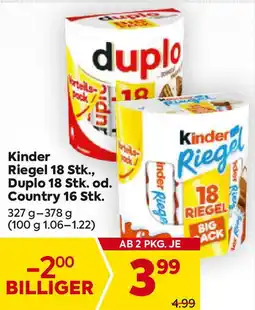 Billa Kinder Riegel 18 Stk., Duplo 18 Stk. od. Country 16 Stk. Angebot