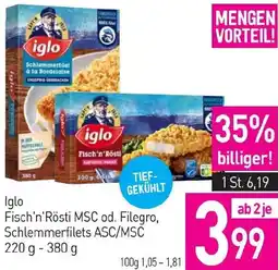 Sutterlüty Iglo Fisch'n'Rösti MSC od Filegro Schlemmerfilets ASC/MSC Angebot