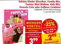 Interspar Eskimo Kinder Klassiker Family Mix Twister Mini MallowKids Mix Dracula Cola oder Erdbeer Combino Tiefgekühlt Angebot