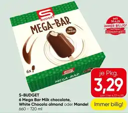 Spar S-BUDGET 6 Mega Bar Milk chocolate, White Chocola almond oder Mandel Angebot