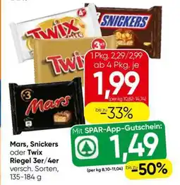 Spar Mars, Snickers oder Twix Riegel 3er/4er Angebot
