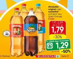 Eurospar Almdudler original* oder zuckerfrei und jetzt neu: Spezi Orange, 2 Liter Angebot