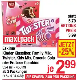 Maximarkt Eskimo Kinder Klassiker, Family Mix, Twister, Kids Mix, Dracula Cola oder Erdbeer Combino Angebot
