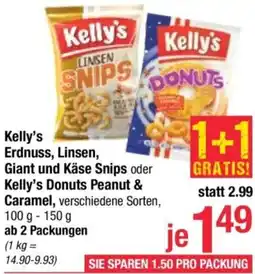 Maximarkt Kelly's Erdnuss, Linsen, Giant und Käse Snips oder Kelly's Donuts Peanut & Caramel Angebot
