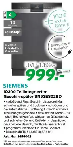 EP Siemens iQ300 Teilintegrierter Geschirrspüler SN53ES02BD Angebot