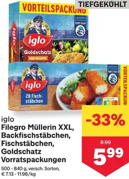 MPreis Iglo filegro müllerin backfischstäbchen, fischstäbchen, Goldschatz Vorratspackungen Angebot
