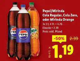Lidl Pepsi/Mirinda Cola Regular, Cola Zero, oder Mirinda Orange Angebot