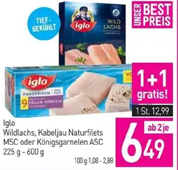 Sutterlüty Iglo Wildlachs Kabeljau Naturfilets MSC oder Königsgarnelen ASC Angebot