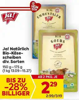 Billa Ja! Natürlich Bio-Käsescheiben div. Sorten Angebot