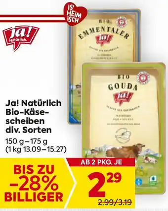 Billa Ja! Natürlich Bio-Käsescheiben div. Sorten Angebot