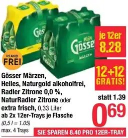 Maximarkt Gösser Märzen Helles, Naturgold alkoholfrei, Radler Zitrone 0,0 %, NaturRadler Zitrone oder extra frisch Angebot